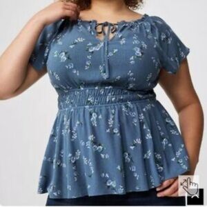 torrid Blue Floral Smocked Peasant Top